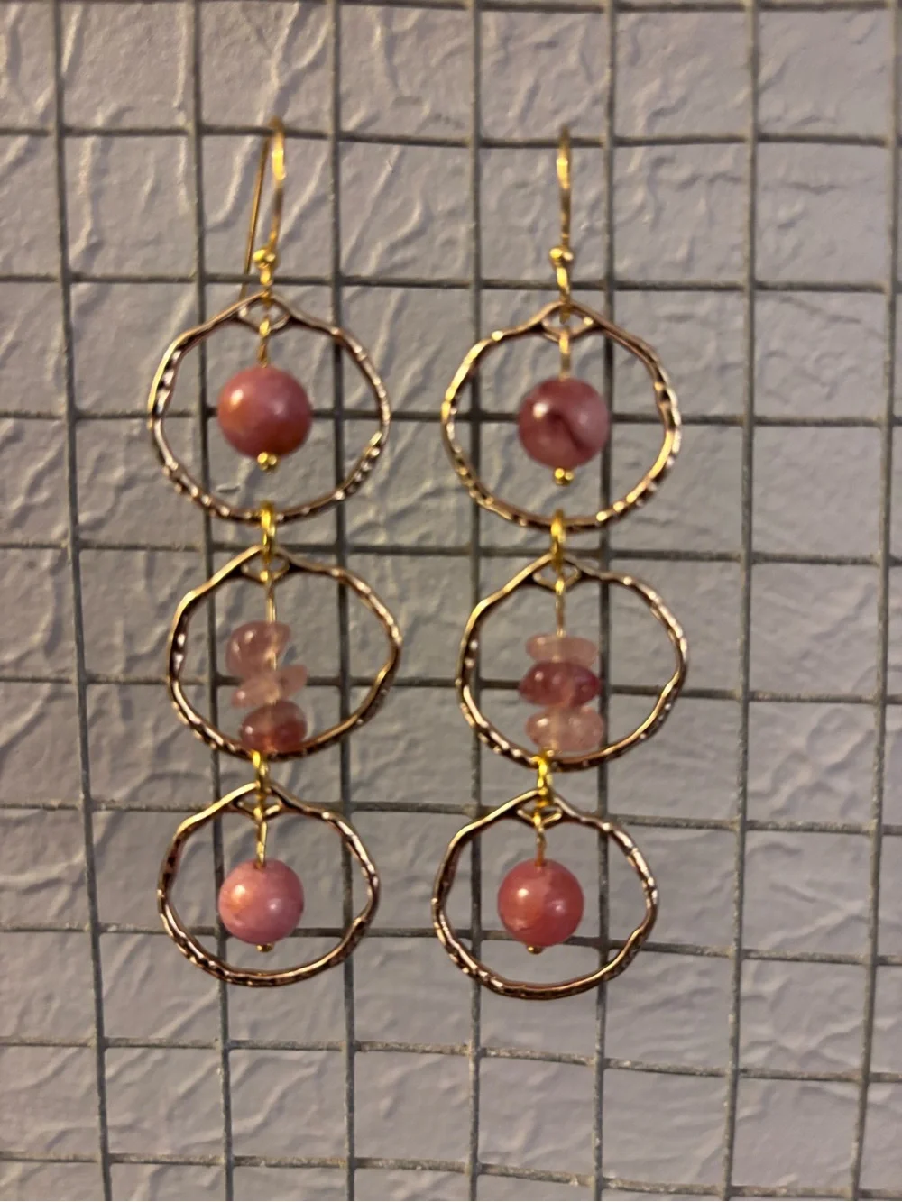 Gold-Tone Triple Hoop Drop Earrings with Rhondite and Quartz Beads